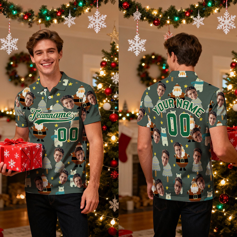 Custom Face and Text Green Red-White Christmas Santa Claus Performance Golf Polo Shirt - MyPhotoSocksAu
