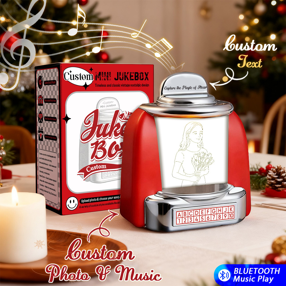 Custom Mini Jukebox Retro Speaker - Personalized Neon Light Portrait Photo Music Mini Player with Radio | Vintage Tabletop Home Decor Nostalgic Christmas Retro Gifts - MyPhotoSocksAu