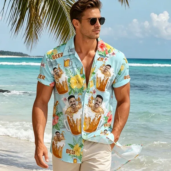 Custom Face Hawaiian Shirt Beer Print Personalized Aloha Beach Shirt Party Gift for Men - MyPhotoSocksAu