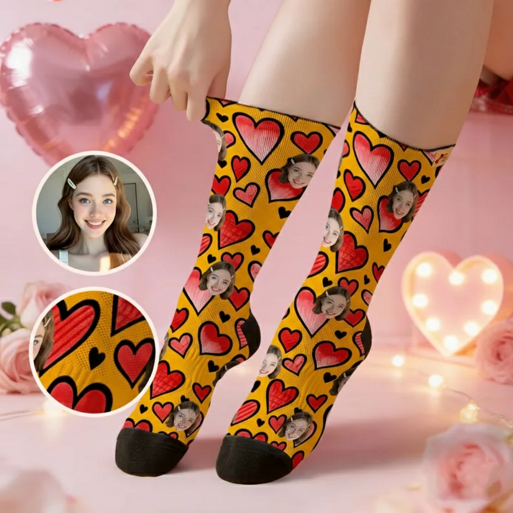 Custom Red Heart Face Socks Personalized Valentine Day Socks with Photo Cute Heart Pattern Couple Gift Idea - MyPhotoSocksAu