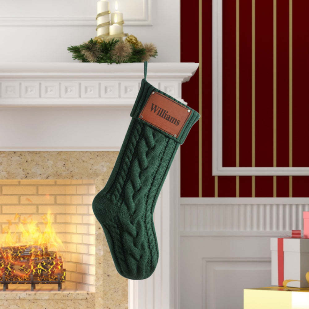 Personalized Christmas Stocking with Name Leather Patches Knitted Xmas Stockings Decoration - MyPhotoSocksAu