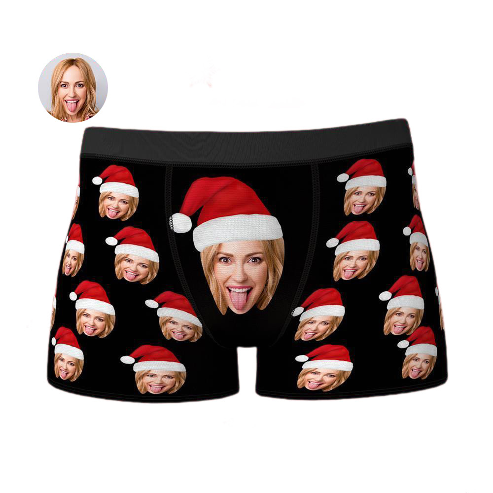 Custom Face Boxers Shorts with Christmas hat Personalised Photo Underwear Christmas Gift for Men