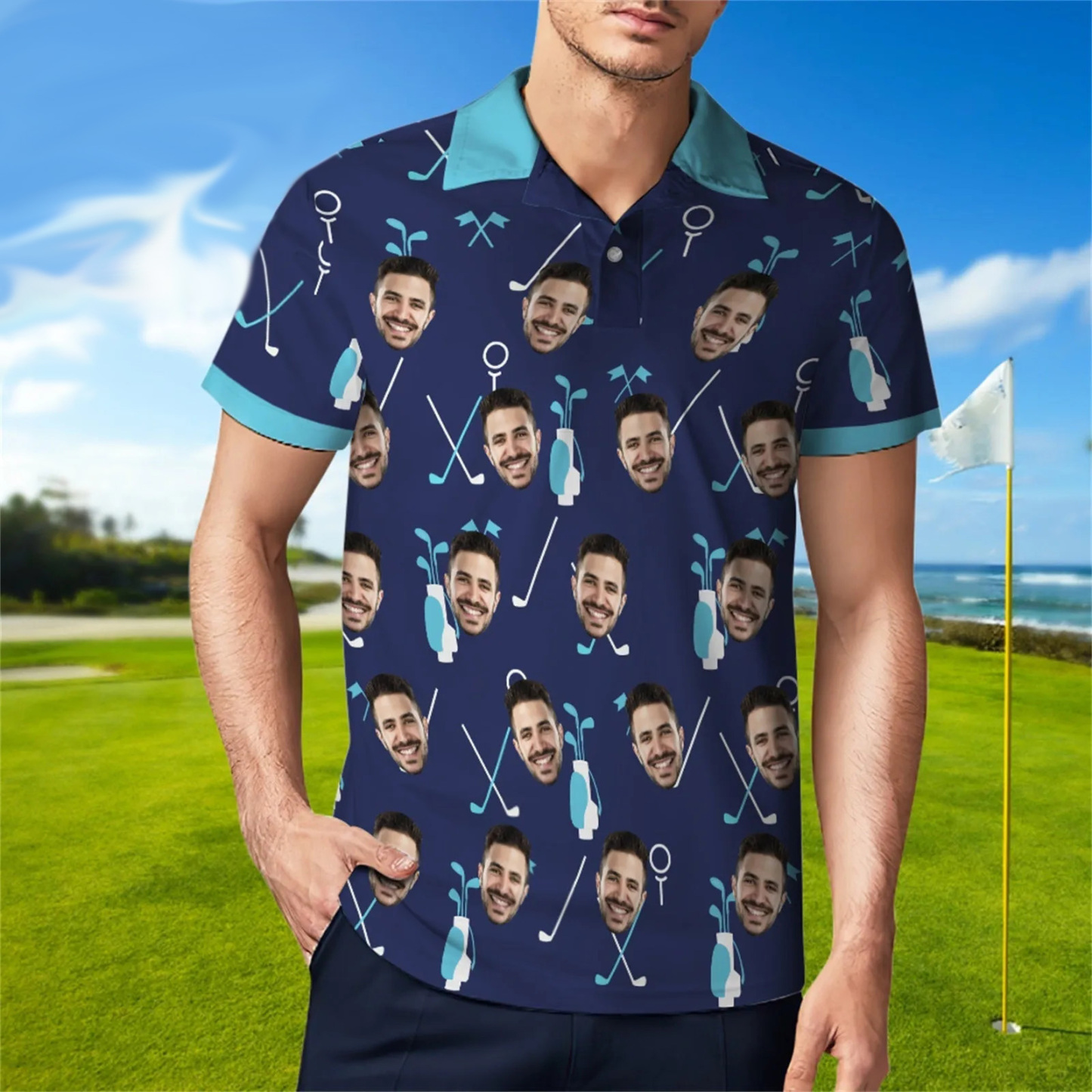 Custom Face Blue Polo Shirt For Men Personalized Golf Shirts
