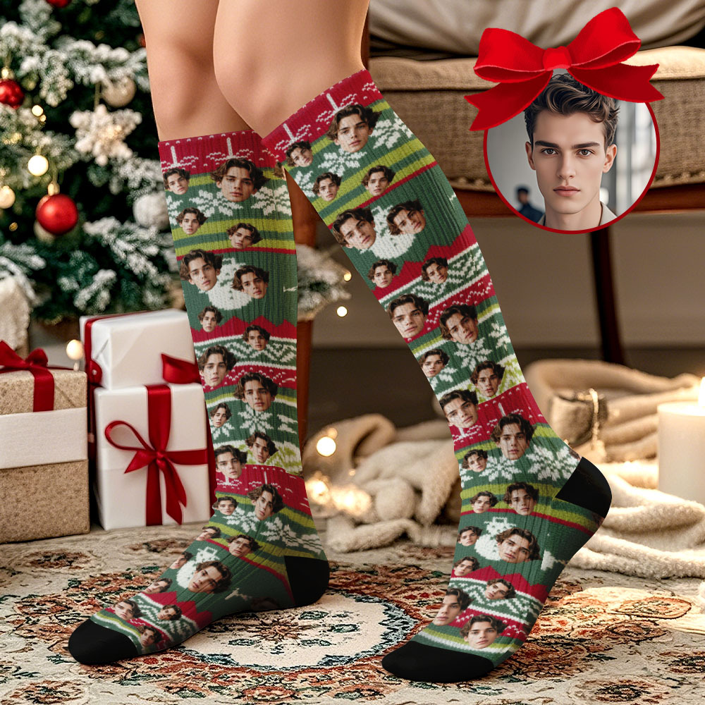 Custom Face Knee High Socks Personalized Vintage Warm Socks Merry Christmas for Lover Christmas Gifts - MyPhotoSocksAu
