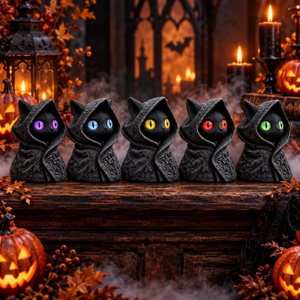Mysterious Hooded Cat Figurine - Gothic Black Cat Statue, Fantasy Witchy Kitten Sculpture Home Decor, Perfect Gift for Cat Lovers - MyPhotoSocksAu