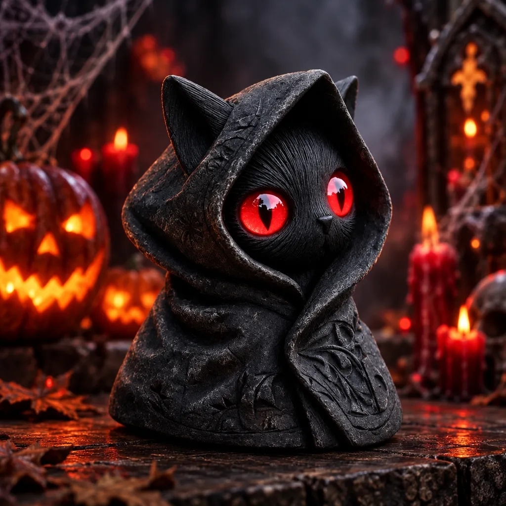 Mysterious Hooded Cat Figurine - Gothic Black Cat Statue, Fantasy Witchy Kitten Sculpture Home Decor, Perfect Gift for Cat Lovers - MyPhotoSocksAu