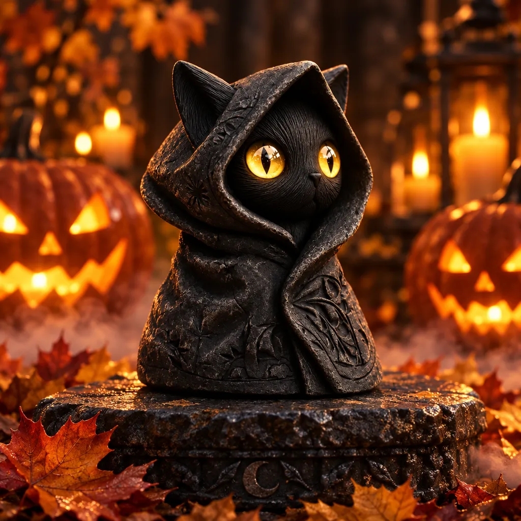 Mysterious Hooded Cat Figurine - Gothic Black Cat Statue, Fantasy Witchy Kitten Sculpture Home Decor, Perfect Gift for Cat Lovers - MyPhotoSocksAu