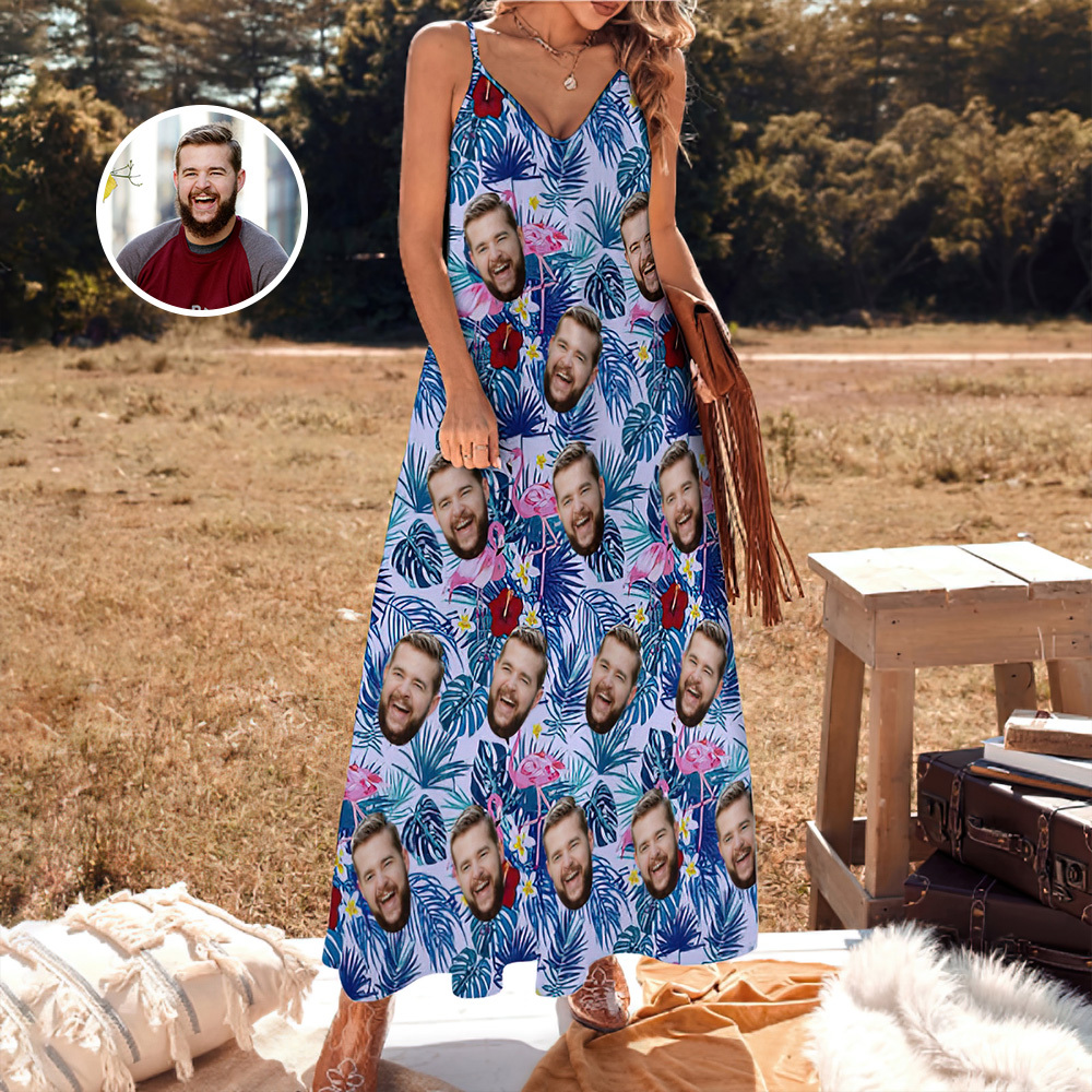 Custom Face Sling Hawaiian Style Long Dress Grass Green Tropical Hawaiian Dress - MyPhotoSocksAu