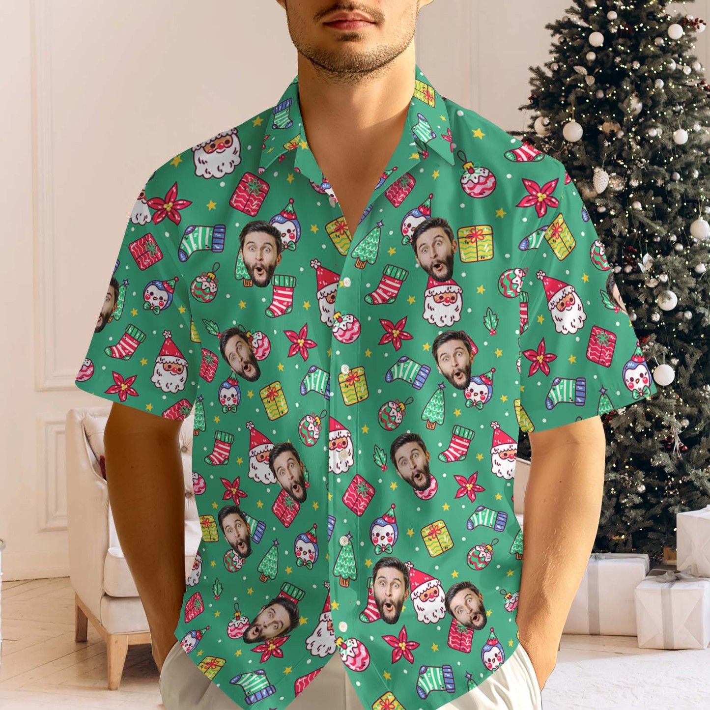 Custom Face Men's Hawaiian Shirt Personalized Santa Beach Holiday Christmas Hawaiian Shirt - MyPhotoSocksAu