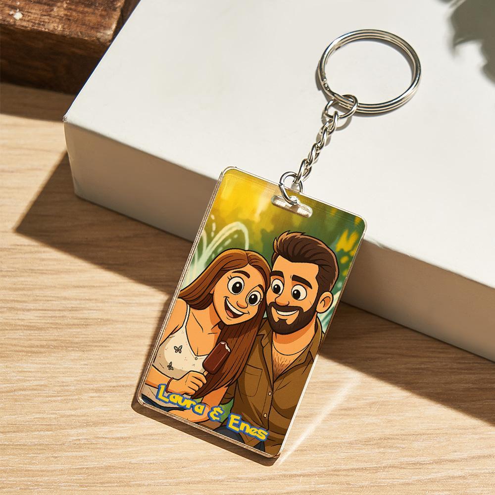 Custom Anime Style Couple Keychain �C Personalized Cartoon Gift with Photo & Text Acrylic Keychain Gift - MyPhotoSocksAu