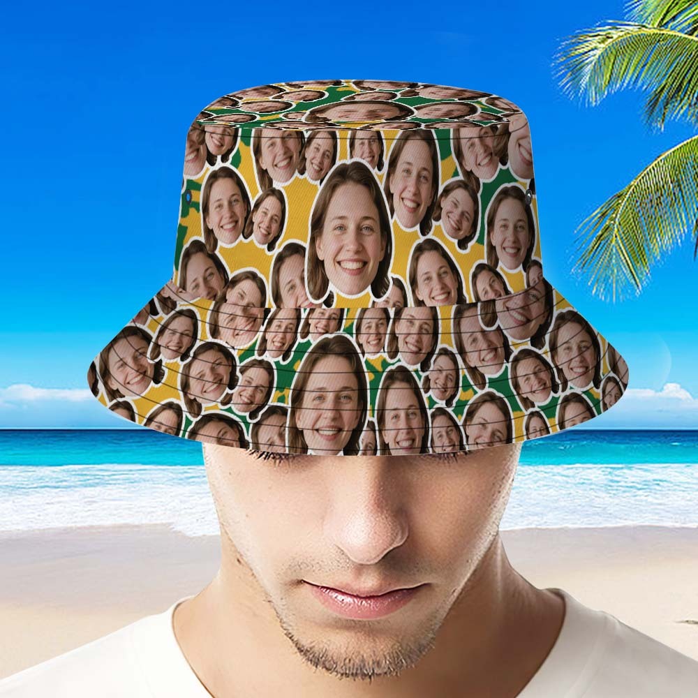 Custom Face Bucket Hat Unisex Face Mash Personalized Outdoor Summer Hats Green and Yellow Color - MyPhotoSocksAu