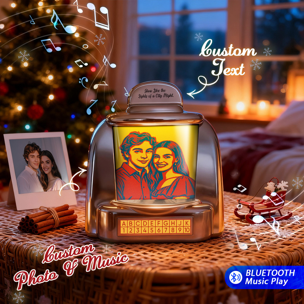 Custom Mini Jukebox Retro Speaker - Personalized Neon Light Portrait Photo Music Mini Player with Radio | Vintage Tabletop Home Decor Nostalgic Christmas Retro Gifts - MyPhotoSocksAu
