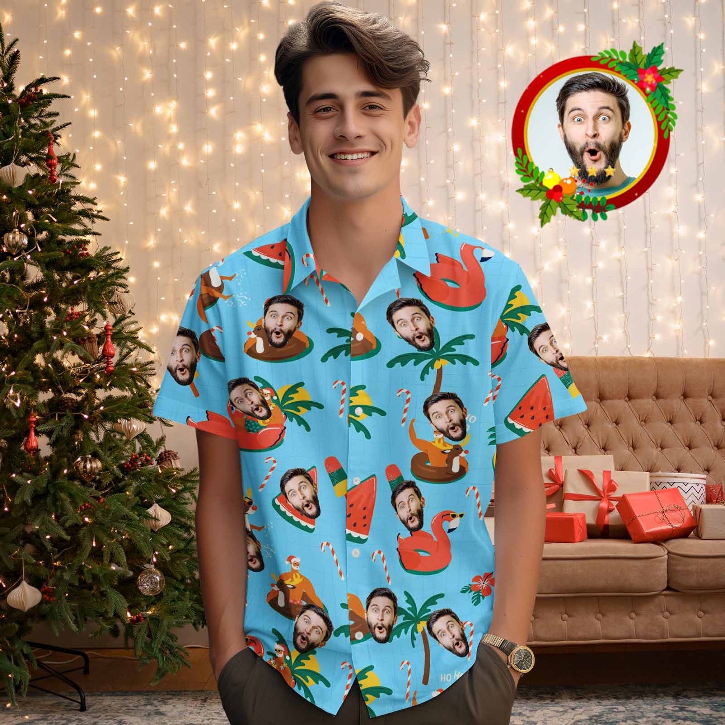 Personalized Face Men's Hawaiian Shirt Custom Santa Beach Holiday Xmas Face Hawaiian Shirt Gift - MyPhotoSocksAu