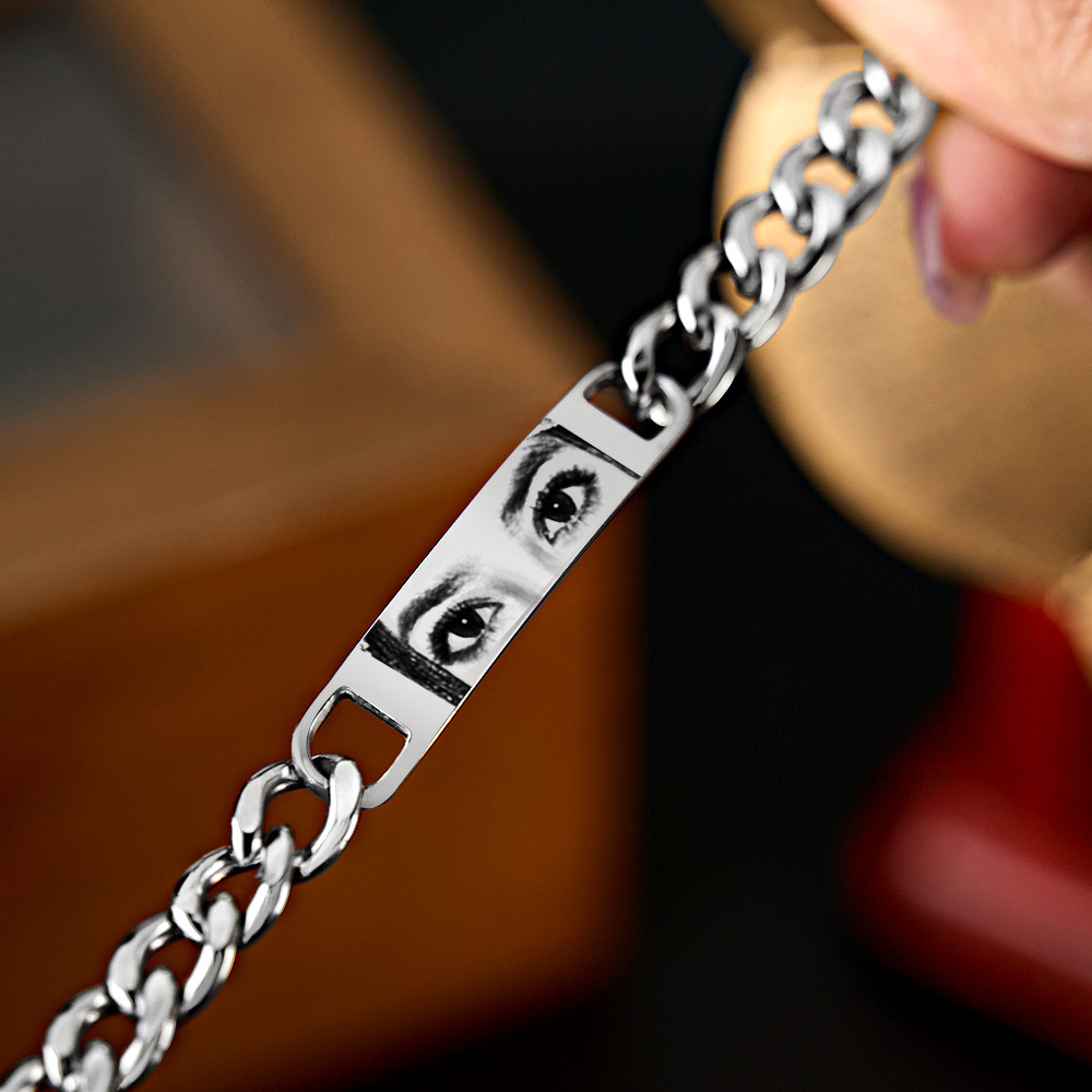 Personalized Eye Photo Bracelet for Couples - Custom Laser Engraved Stainless Steel Keepsake, Anniversary Gift - MyPhotoSocksAu