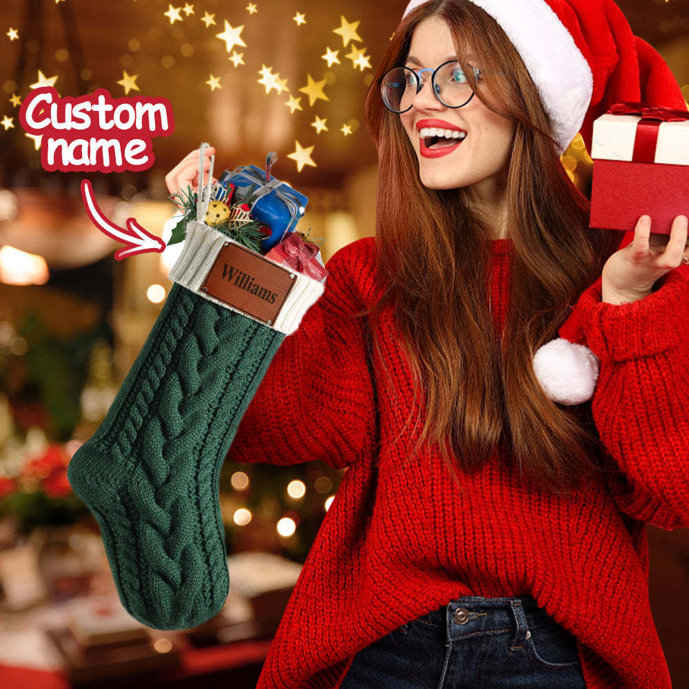 Personalized Christmas Stocking with Name Leather Patches Knitted Xmas Stockings Decoration - MyPhotoSocksAu