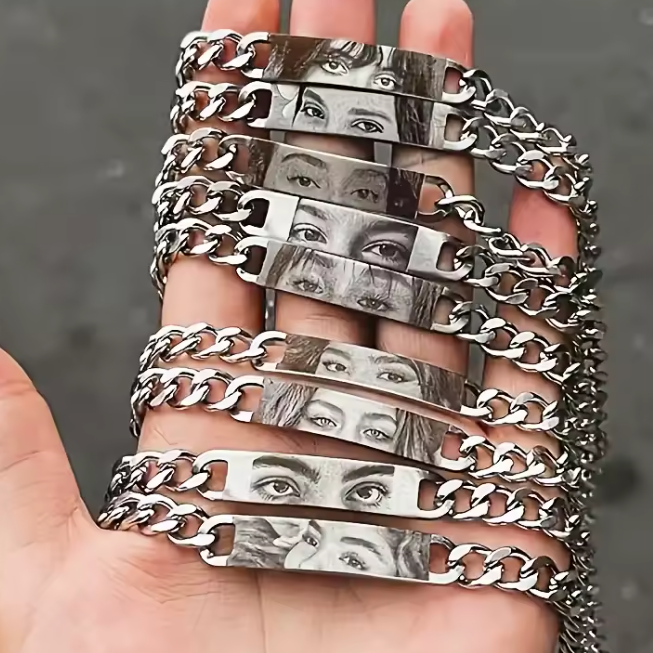 Personalized Eye Photo Bracelet for Couples - Custom Laser Engraved Stainless Steel Keepsake, Anniversary Gift - MyPhotoSocksAu