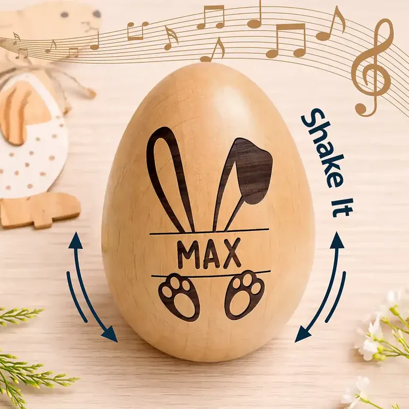 Adorable Bunny With Name - Personalized Musical Wooden Easter Egg Shaker - MyPhotoSocksAu