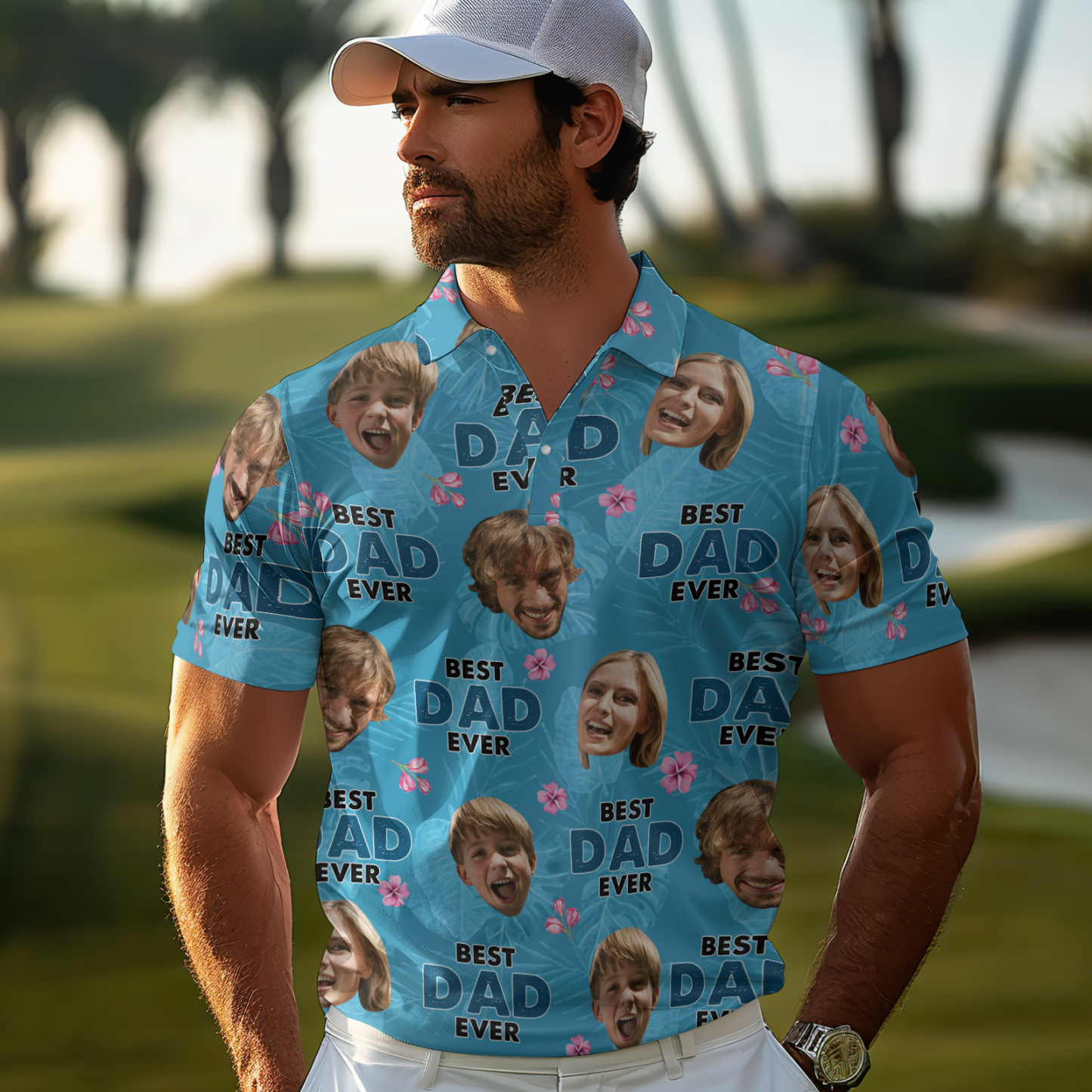 Custom Face Polo Hawaiian Blue Golf Polo Shirt Dad Beard Men's Polo Shirt Fathers Day Gift - MyPhotoSocksAu