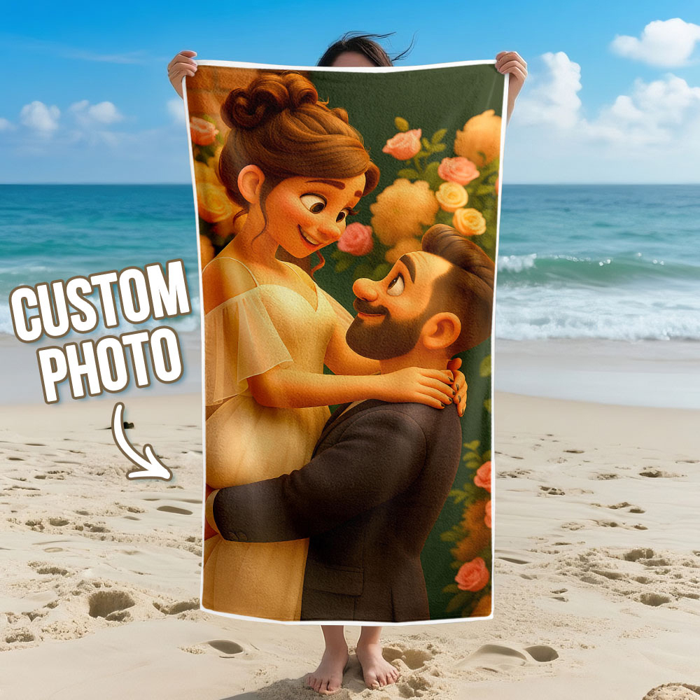 Custom Photo Beach Towel with Cartoon Design Personalized Wedding & Anniversary Gift - MyPhotoSocksAu