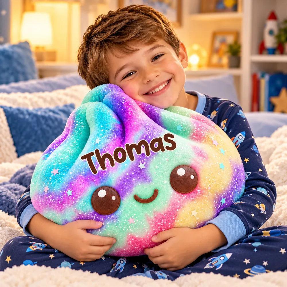 Personalized Rainbow Shaped Pillow, Cute Smiling Character Hugged by a Child, Unique Gift for Kids - MyPhotoSocksAu