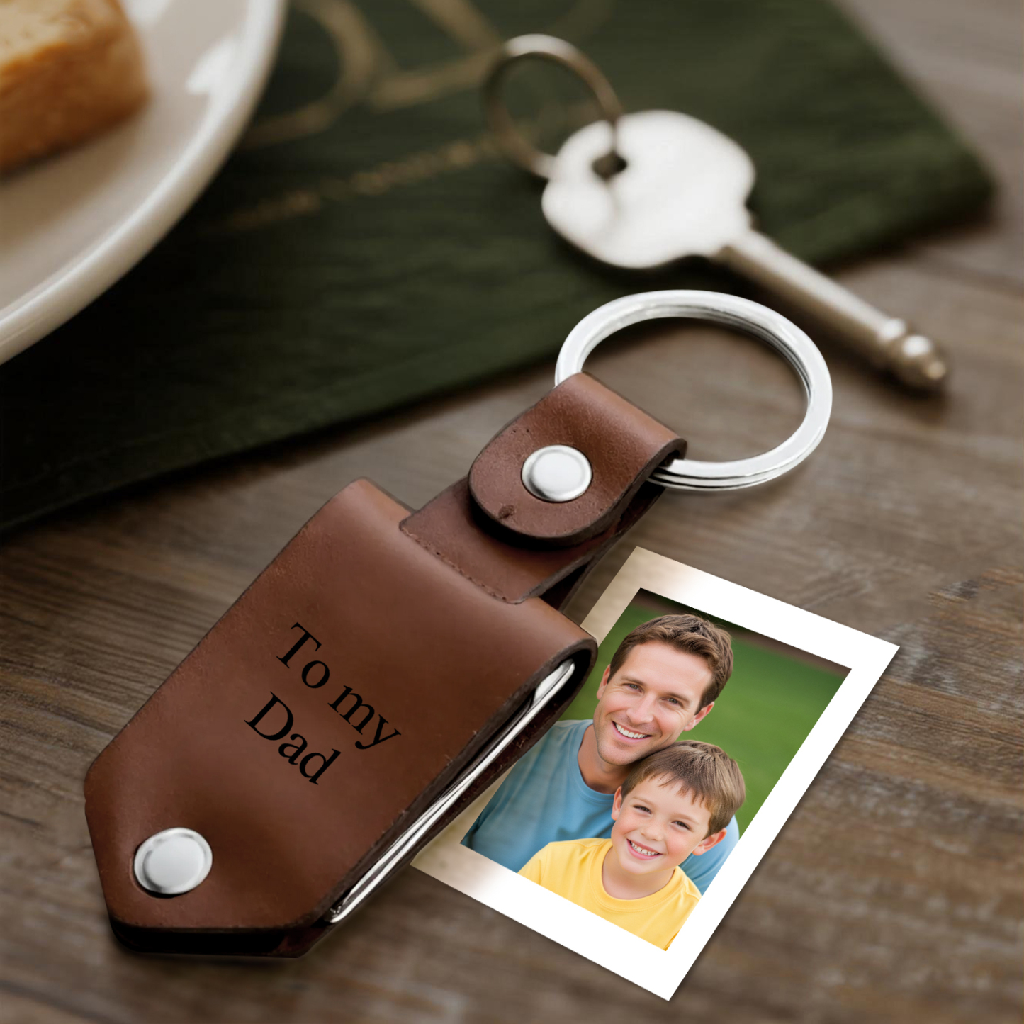 Custom Leather Dad Cartoon Poke Photo Keychain Personalized Engraved Text Commemorative Keychain Fathers Day Gifts - MyPhotoSocksAu