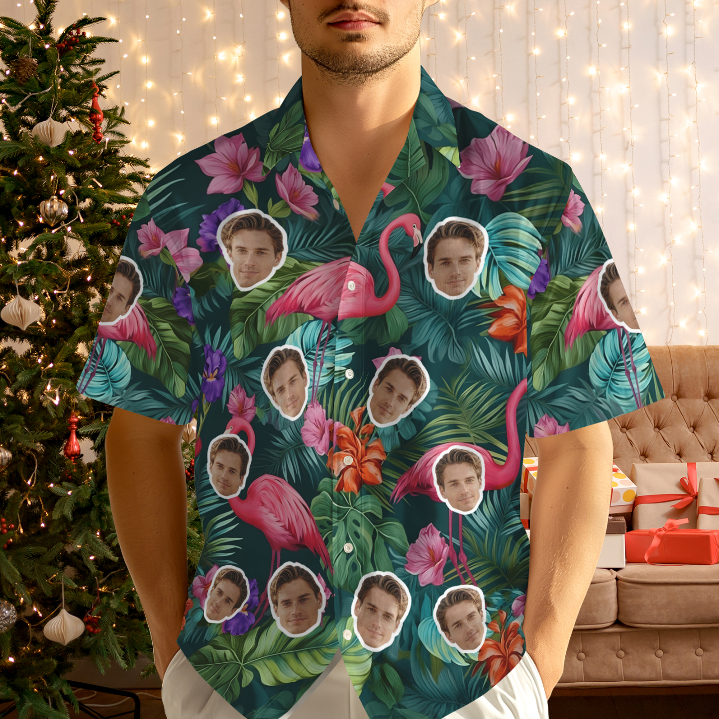 Custom Face Green Tree Hawaiian Shirt Personalized Men Hawaiian Shirt With Face Photo Hawaiian Shirt Aloha Shirt Christmas Gift - MyPhotoSocksAu