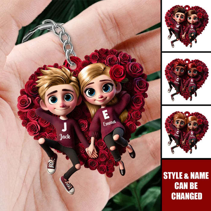 Romantic Rose Heart Couple Keychain - Personalized Valentine's Day Gift