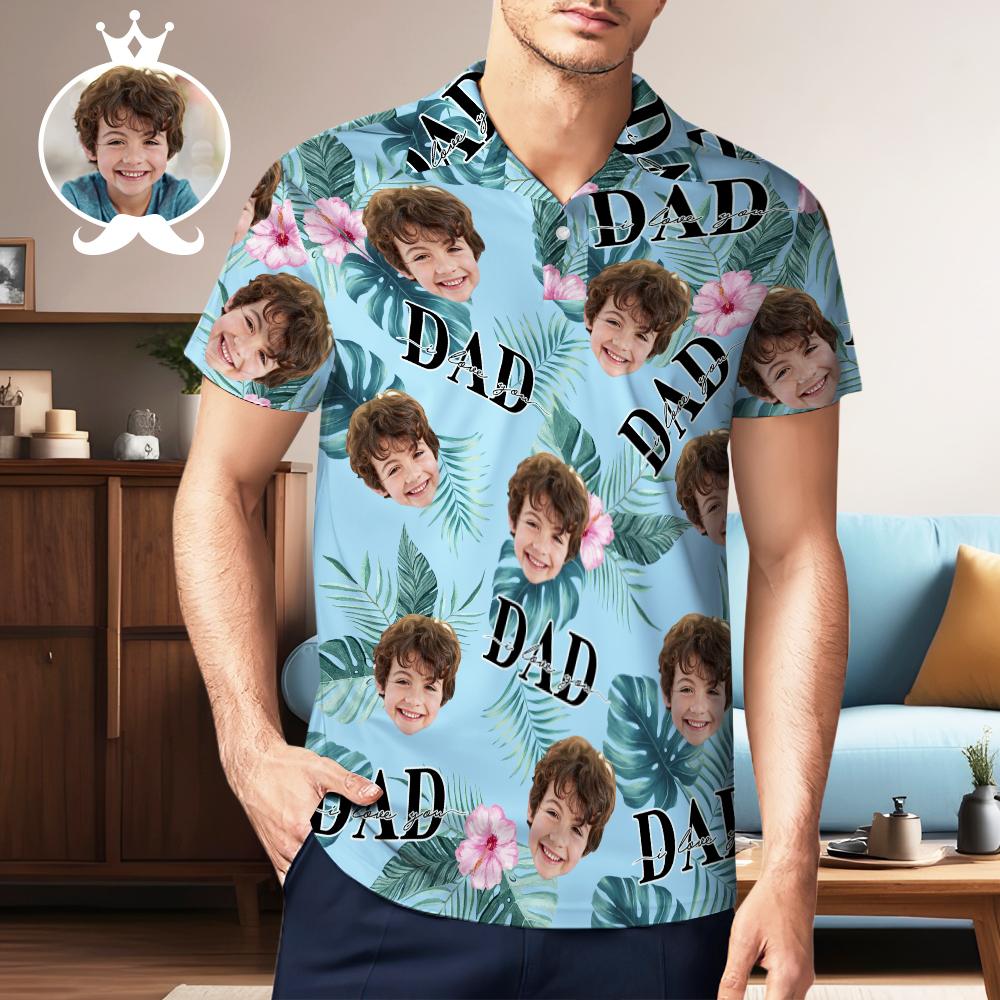 Custom Face Polo Hawaiian Blue Golf Polo Shirt Best Dad Ever Men's Polo Shirt Fathers Day Gift - MyPhotoSocksAu