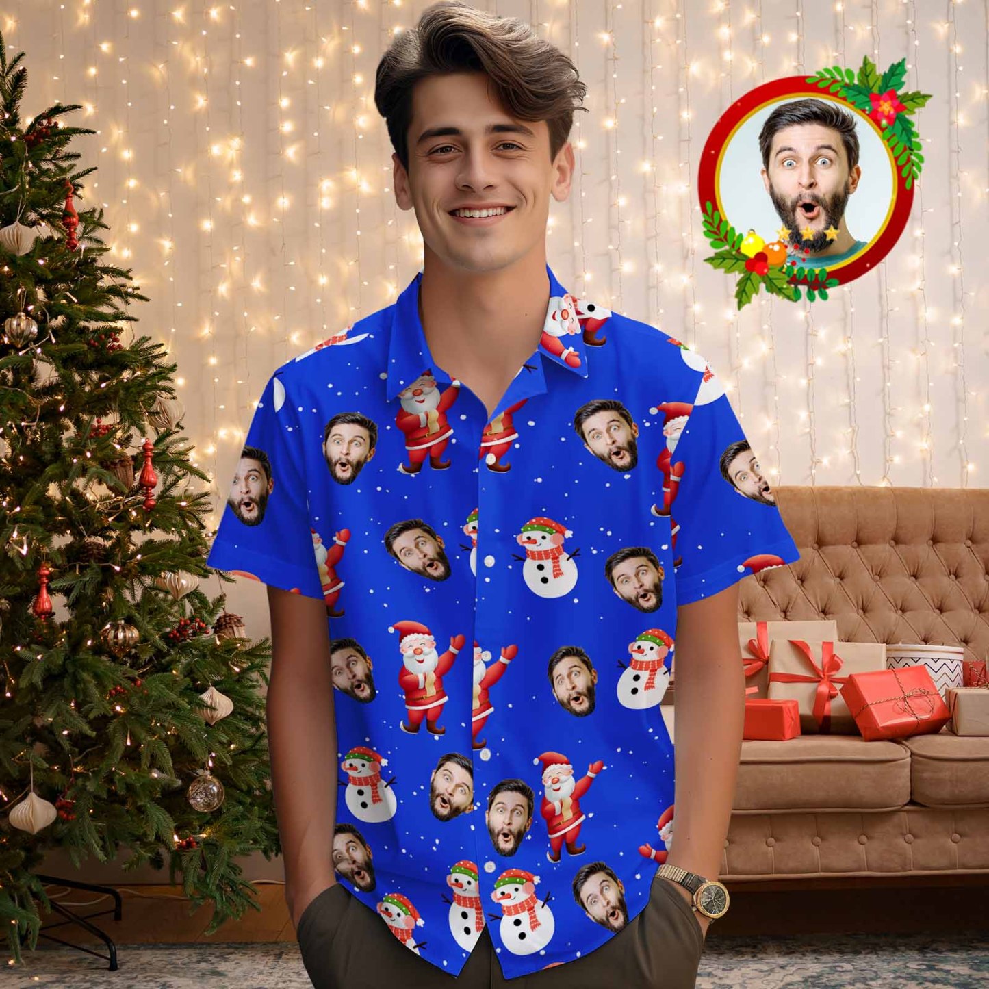 Custom Face Men's Hawaiian Shirt Personalized Santa Beach Holiday Christmas Hawaiian Shirt - MyPhotoSocksAu
