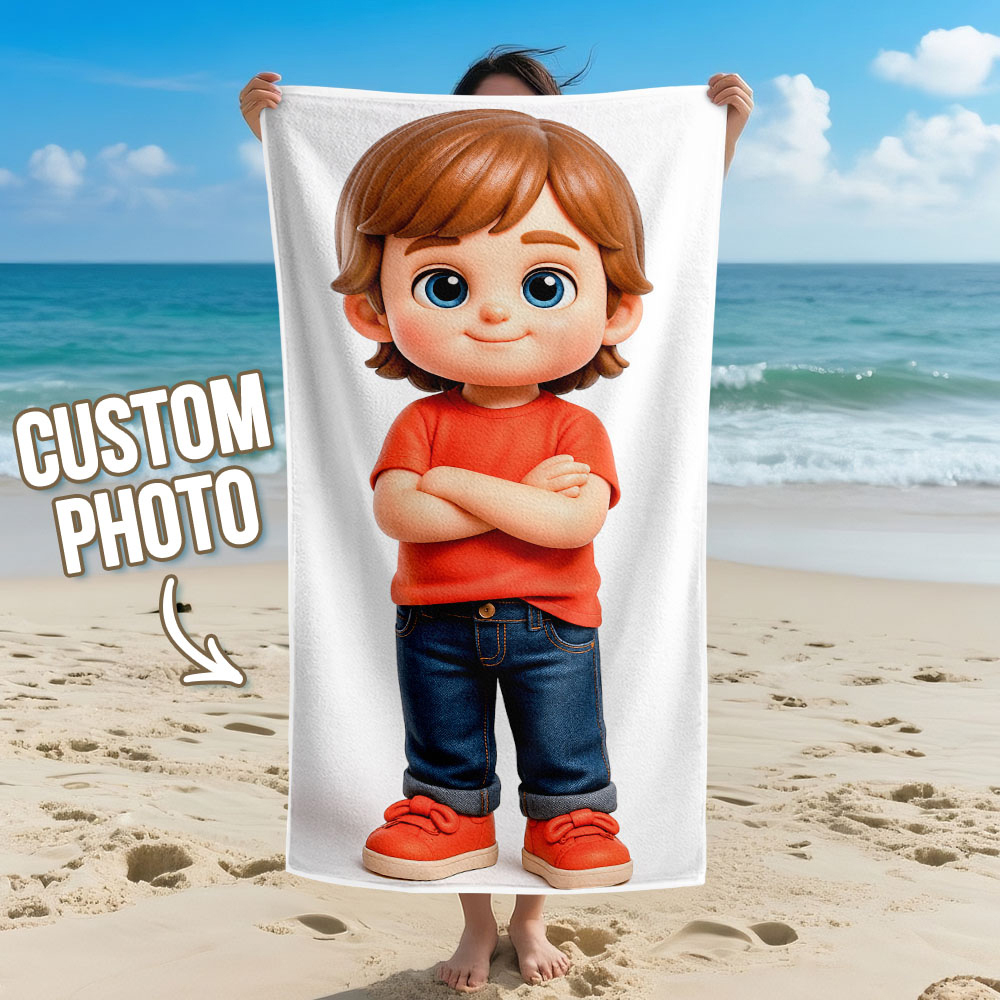 Custom Photo Beach Towel with Cartoon Design Personalized Wedding & Anniversary Gift - MyPhotoSocksAu
