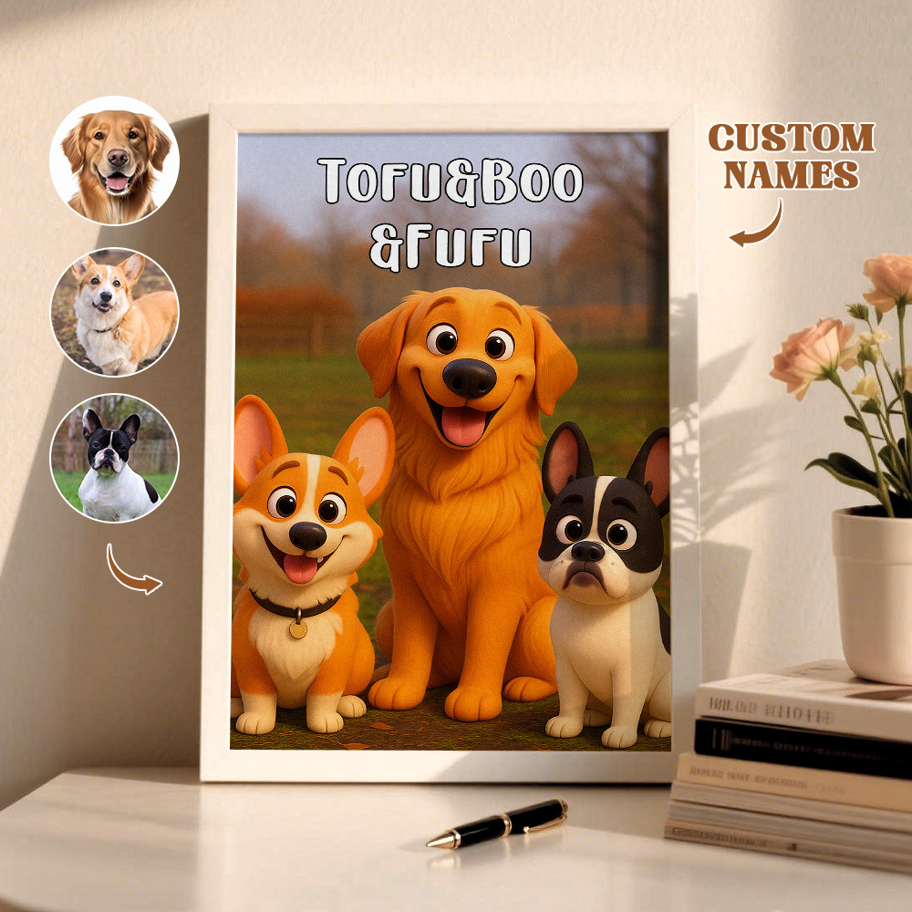 Custom Pets Photo Cartoon Wooden Frame Decorations Cute Pet Decor Plaque Gifts 3 PETS - MyPhotoSocksAu