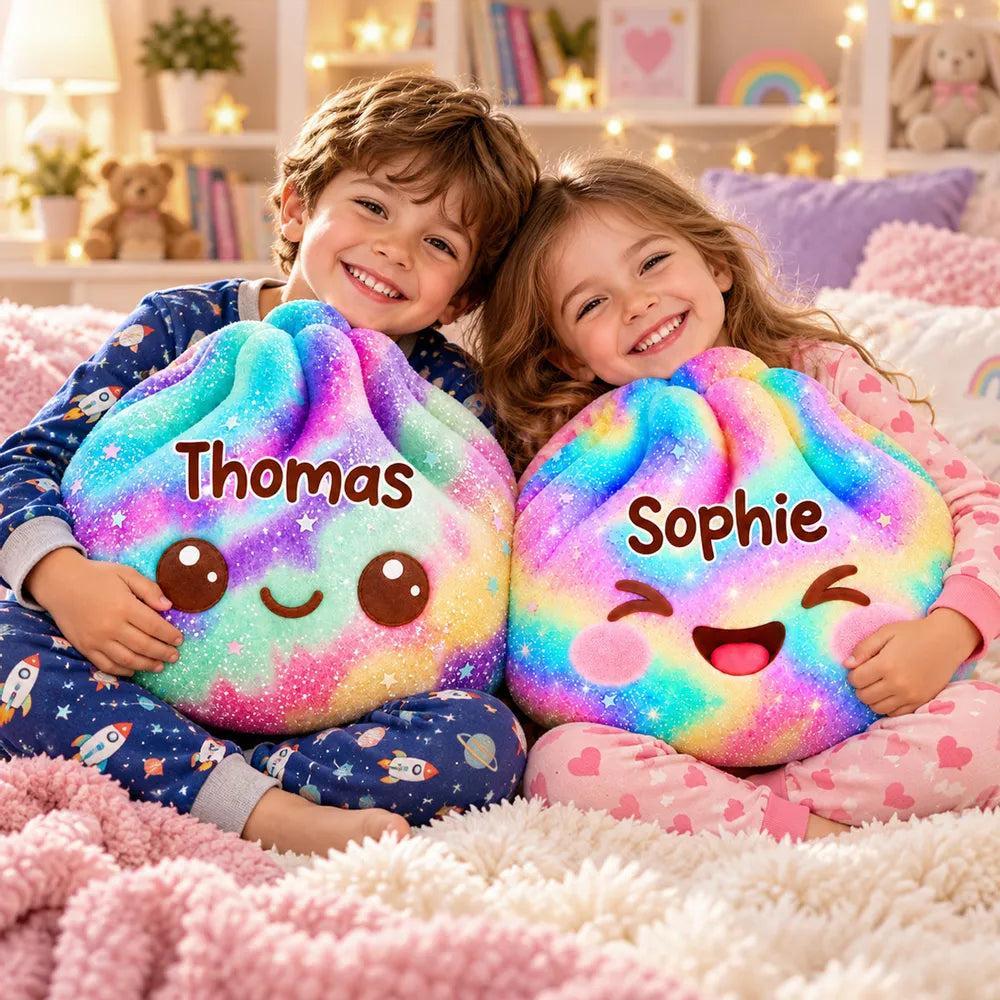 Personalized Rainbow Shaped Pillow, Cute Smiling Character Hugged by a Child, Unique Gift for Kids - MyPhotoSocksAu