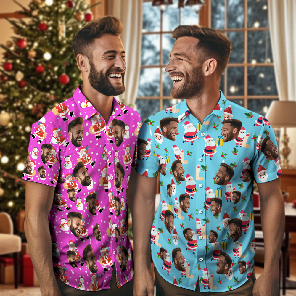 Chrismas Party Shirts Custom Face Men's Hawaiian Shirt Personalized Photo Christmas Family Xmas Aloha Shirts Blue - MyPhotoSocksAu