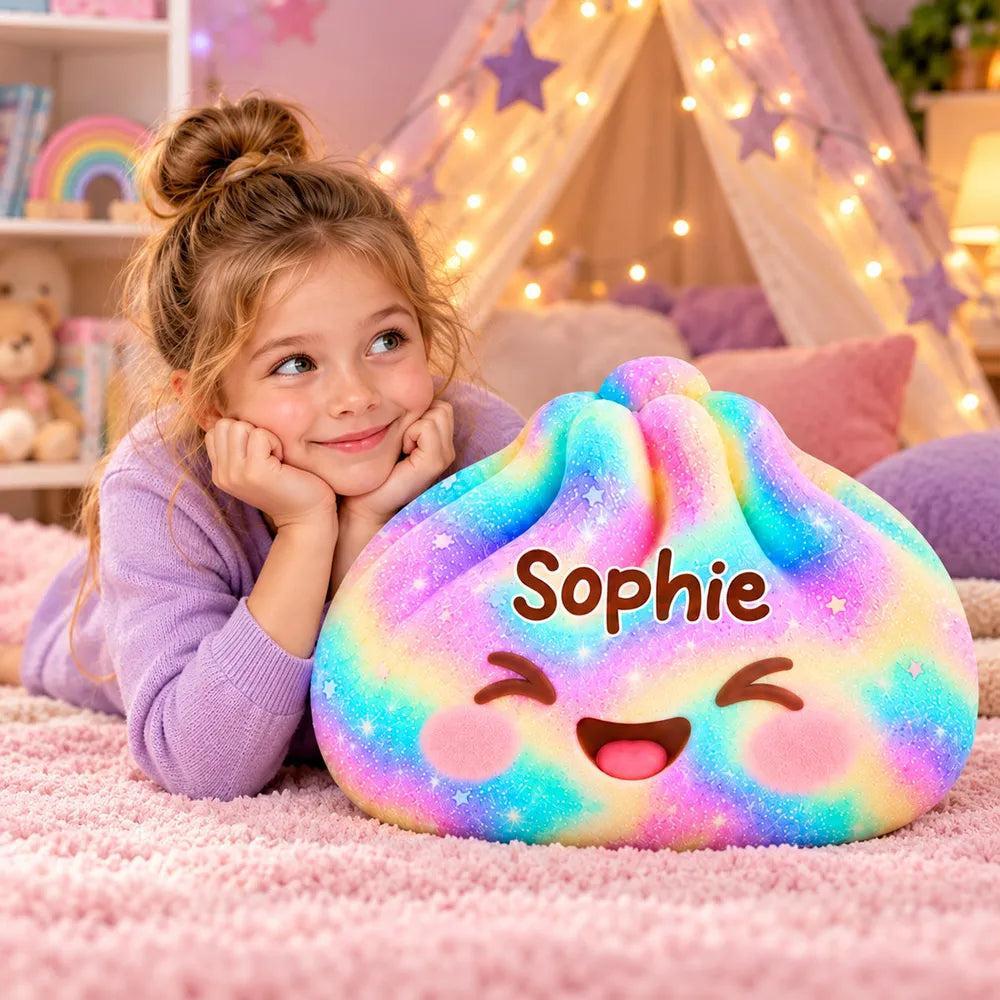 Personalized Rainbow Shaped Pillow, Cute Smiling Character Hugged by a Child, Unique Gift for Kids - MyPhotoSocksAu