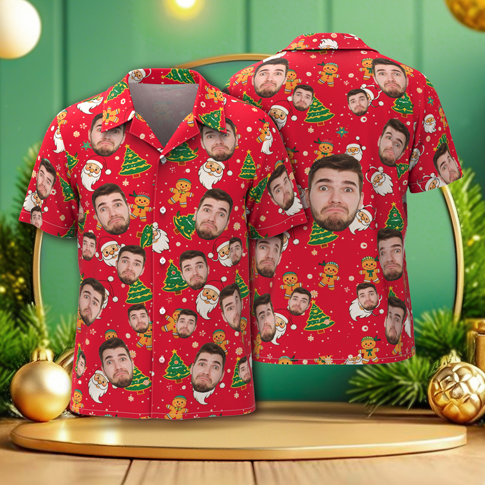 Chrismas Party Shirts Custom Face Men's Hawaiian Shirt Personalized Photo Christmas Family Xmas Aloha Shirts Blue - MyPhotoSocksAu