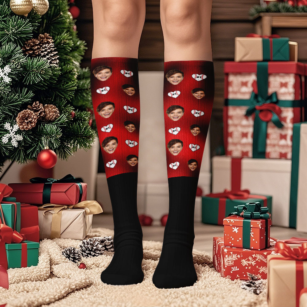 Christmas Gifts Custom Face Knee High Socks Personalized Xmas Socks Merry Christmas Heart - MyPhotoSocksAu
