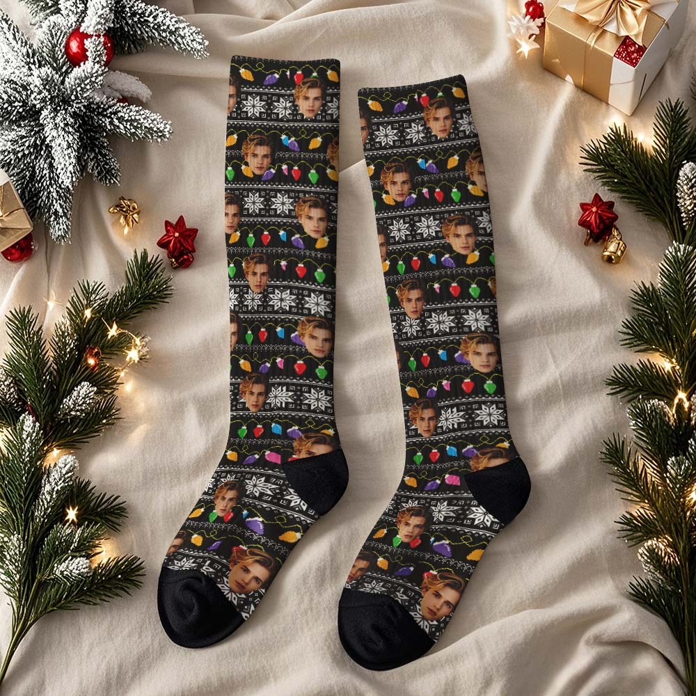 Custom Face Knee High Socks Personalized Vintage Socks Merry Christmas for Lover Christmas Gifts - MyPhotoSocksAu