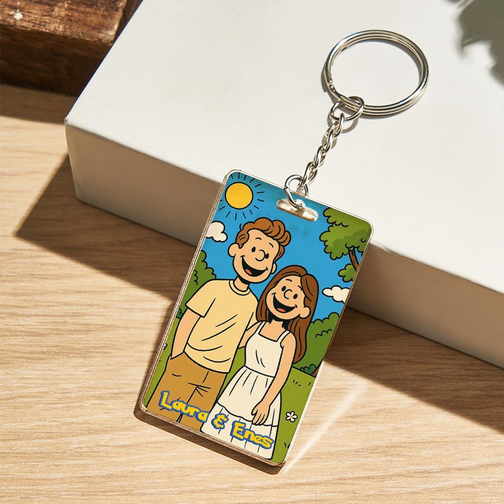 Custom Anime Style Couple Keychain �C Personalized Cartoon Gift with Photo & Text Acrylic Keychain Gift - MyPhotoSocksAu
