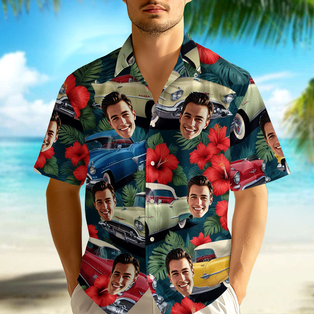 Custom Face Hawaiian Shirt Classic Blue Sea Car Photo Hawaiian Shirt Gift for Him - MyPhotoSocksAu
