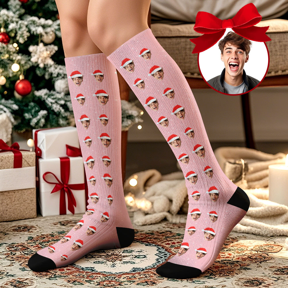 Christmas Gifts Custom Face Knee High Socks Personalized Xmas Socks Merry Christmas Pink - MyPhotoSocksAu