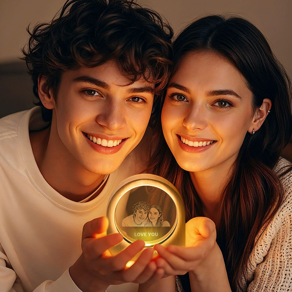 Custom Crystal Picture Photo Glass Night Light - LED Light Wooden Base, Unique Gift for Lover, Pets, Birthday - MyPhotoSocksAu
