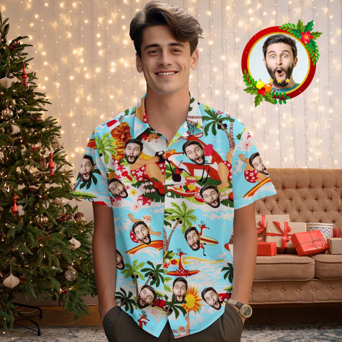 Custom Face Men's Hawaiian Shirt Personalized Santa Beach Holiday Christmas Hawaiian Shirt - MyPhotoSocksAu