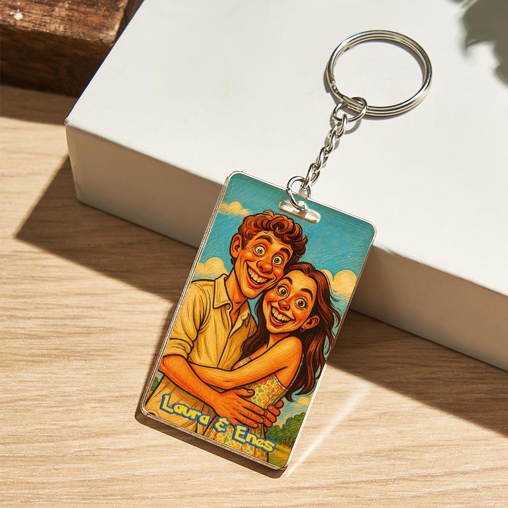 Custom Anime Style Couple Keychain �C Personalized Cartoon Gift with Photo & Text Acrylic Keychain Gift - MyPhotoSocksAu