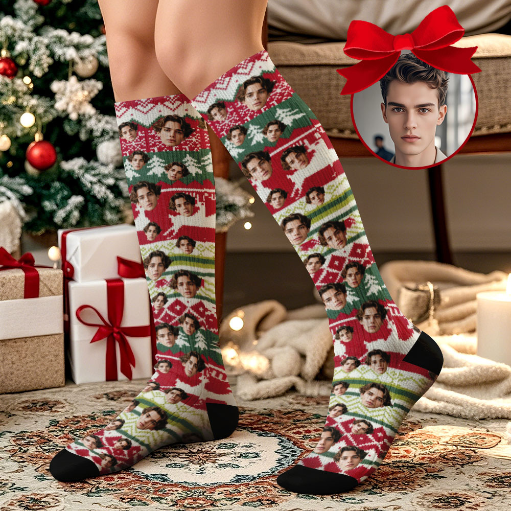 Personalized Face Knee High Socks Custom Vintage Socks Merry Christmas for Lover Christmas Gifts - MyPhotoSocksAu
