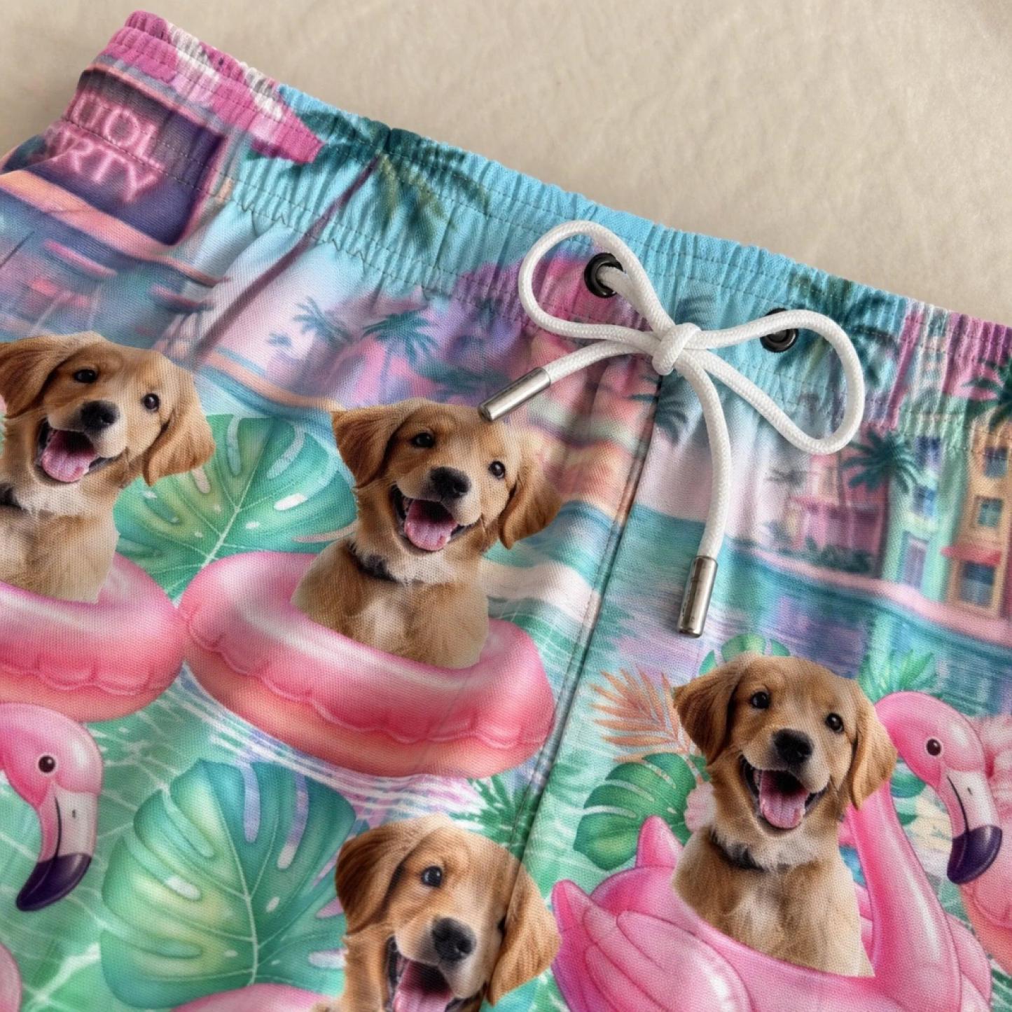 Custom Photo Tropical Hawaiian Aloha Men Beach Shorts - Personalized Summer Vacation And Travel Gifts For Dog Cat Lovers, Dog Dad And Mom, Cat Owners - Flamingo Float Club President - MyPhotoSocksAu