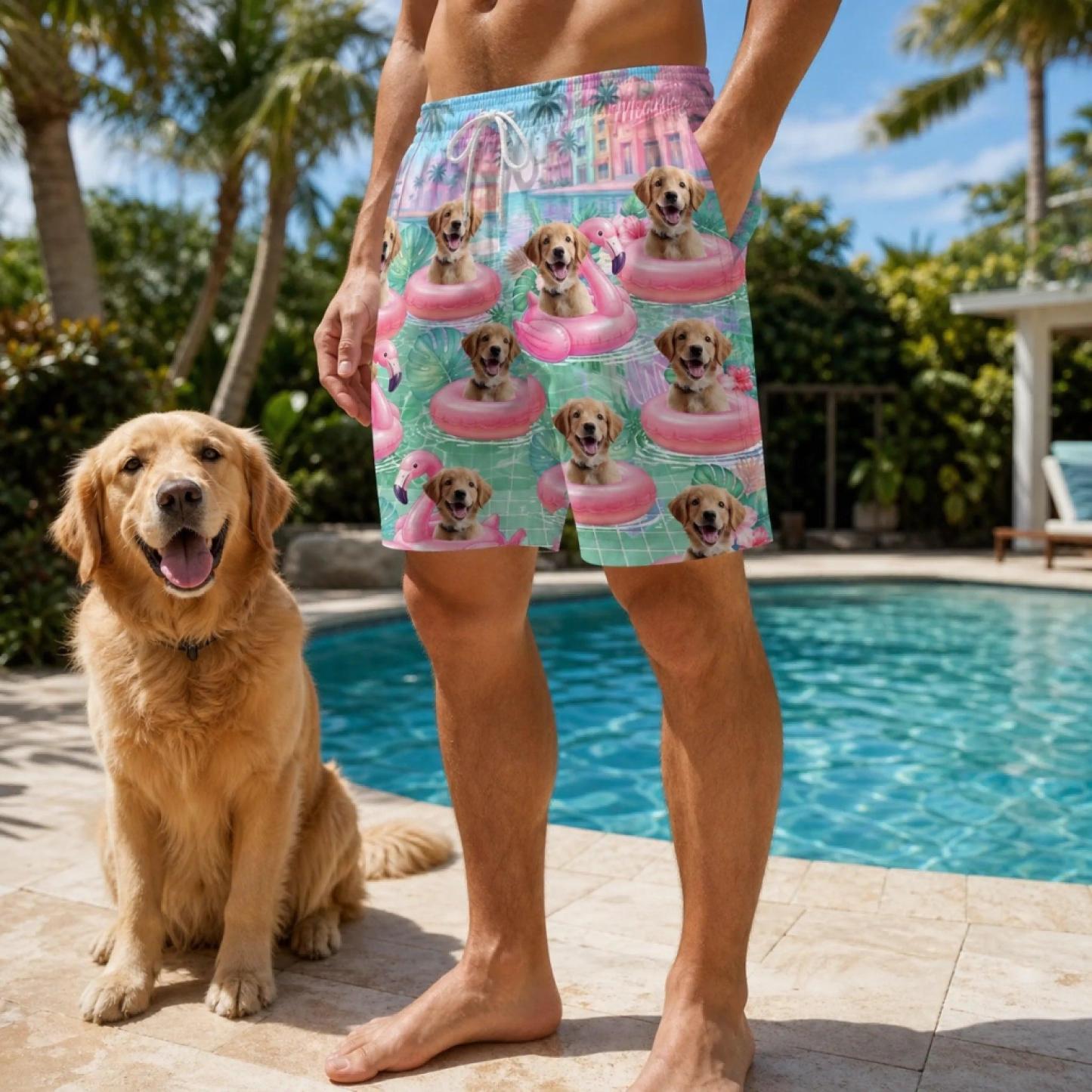 Custom Photo Tropical Hawaiian Aloha Men Beach Shorts - Personalized Summer Vacation And Travel Gifts For Dog Cat Lovers, Dog Dad And Mom, Cat Owners - Flamingo Float Club President - MyPhotoSocksAu