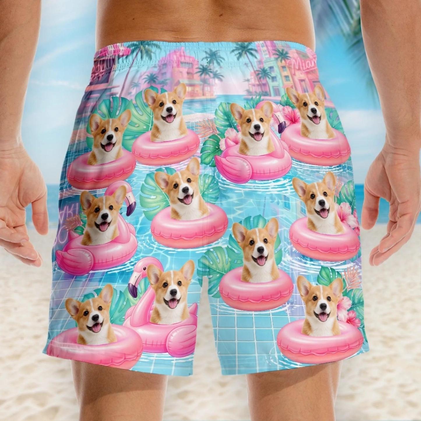 Custom Photo Tropical Hawaiian Aloha Men Beach Shorts - Personalized Summer Vacation And Travel Gifts For Dog Cat Lovers, Dog Dad And Mom, Cat Owners - Flamingo Float Club President - MyPhotoSocksAu