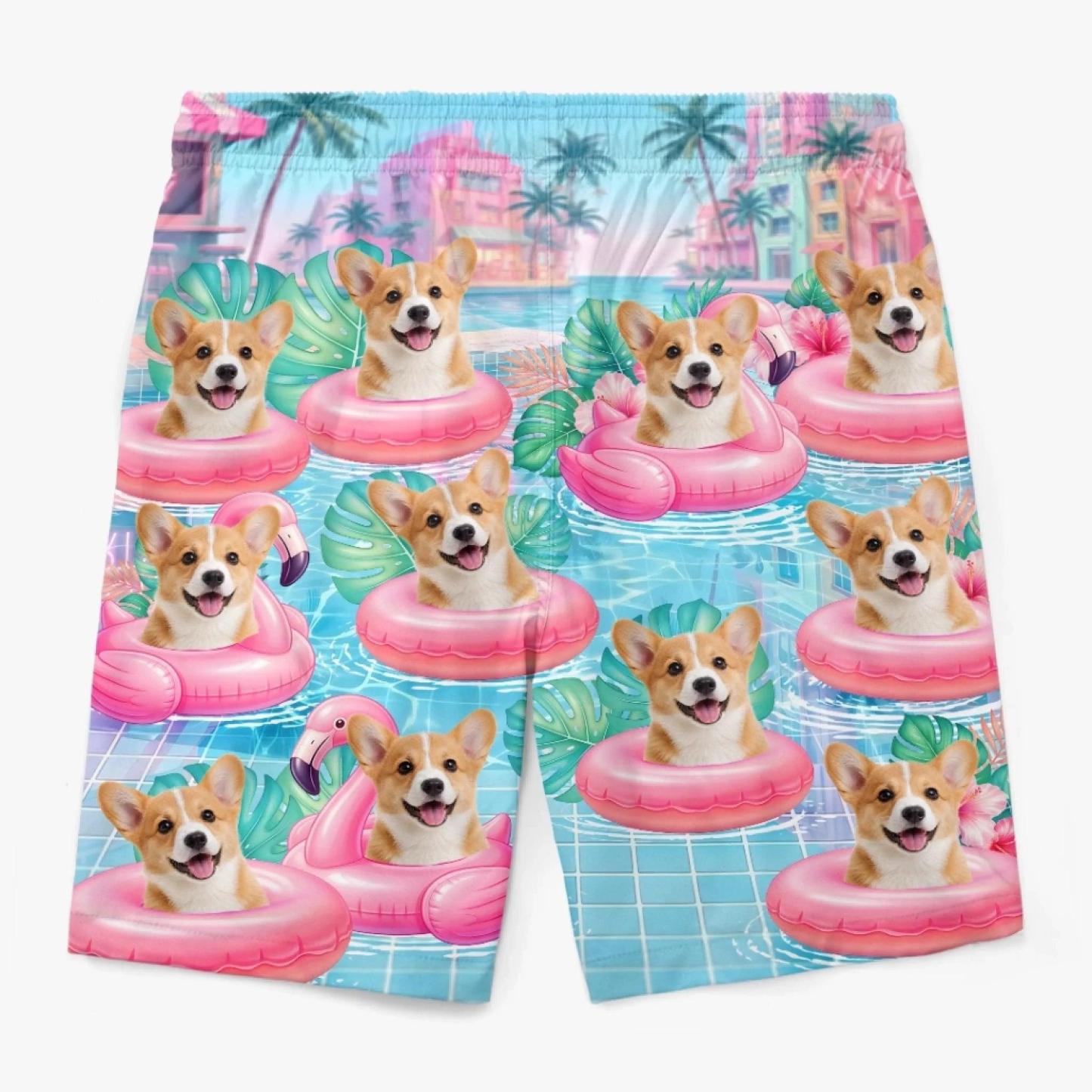 Custom Photo Tropical Hawaiian Aloha Men Beach Shorts - Personalized Summer Vacation And Travel Gifts For Dog Cat Lovers, Dog Dad And Mom, Cat Owners - Flamingo Float Club President - MyPhotoSocksAu
