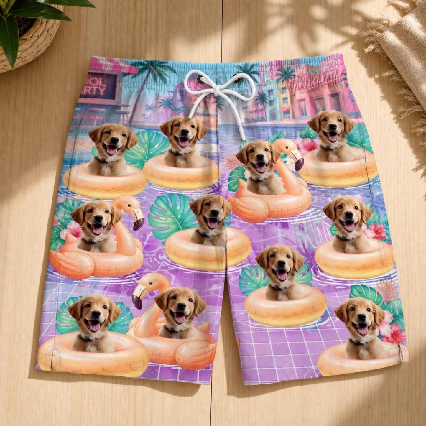 Custom Photo Tropical Hawaiian Aloha Men Beach Shorts - Personalized Summer Vacation And Travel Gifts For Dog Cat Lovers, Dog Dad And Mom, Cat Owners - Flamingo Float Club President - MyPhotoSocksAu