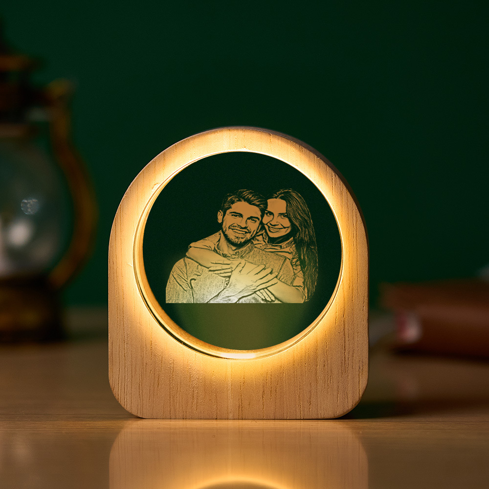 Custom Crystal Picture Photo Glass Night Light - LED Light Wooden Base, Unique Gift for Lover, Pets, Birthday - MyPhotoSocksAu
